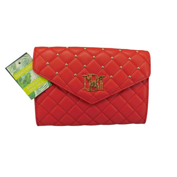 Badgley Mischka Red Diamond Quilted  Round Studs Crossbody Bag Vegan Leather - Picture 1 of 9